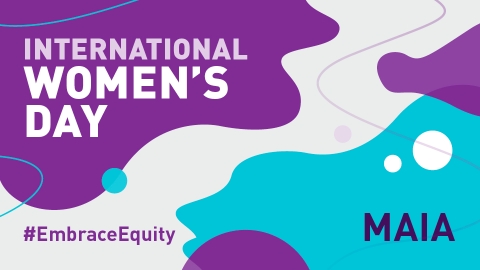 International Women's Day graphic with purple and blue shapes