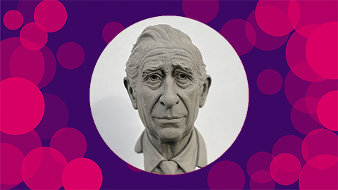 ALT: A portrait image of the clay bust of King Charles III. He is sculpted wearing a shirt and tie. The image is featured in the centre of a purple background with pink spots around the sides.