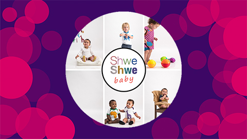 A purple background with pink circles on with a collaged image of different photos of babies sitting or standing with the colourful writing 'Shwe Shwe baby' in the middle of the canvas.