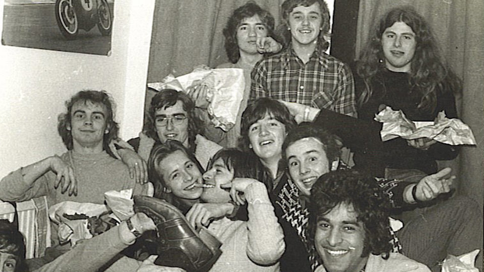 A black and white photo taken 50 years ago of a group of students living in Royce Hall.