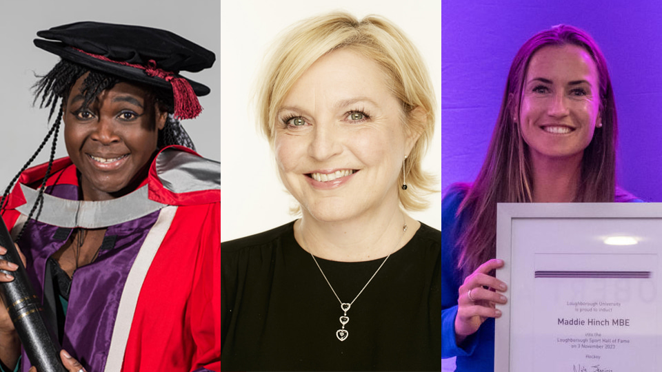 A trio of headshot images of Dr Maggie Aderin-Pocock, Jane Boardman, and Maddie Hinch