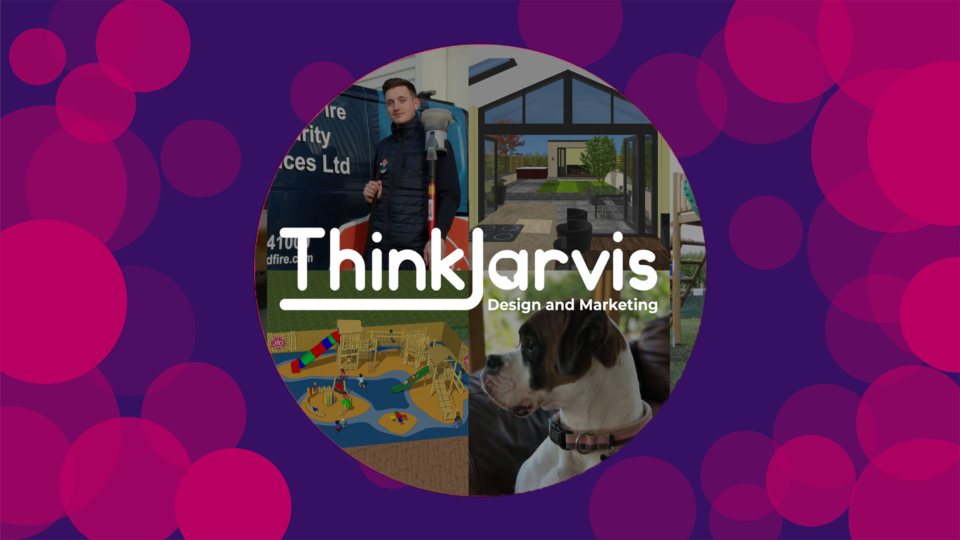 Purple background with pink circles with an image in the middle that says Think Jarvis Design and Marketing with a collage of different pictures