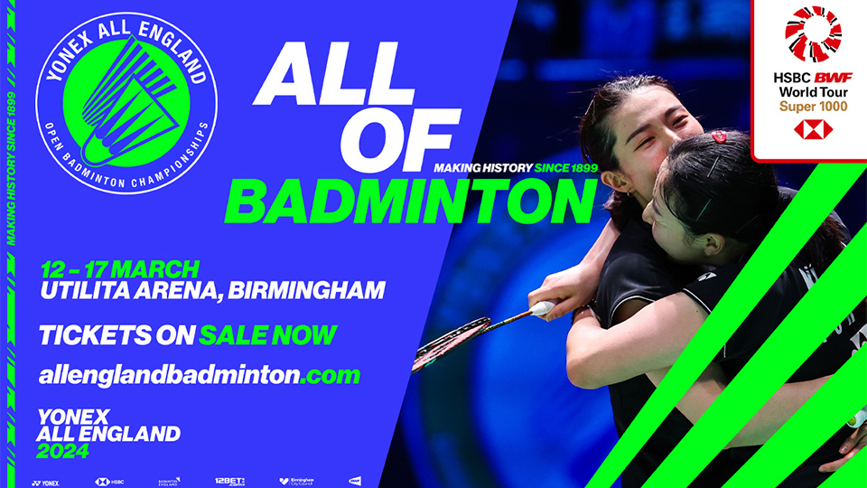Image with blue background, people playing badminton, and text reading All of Badminton