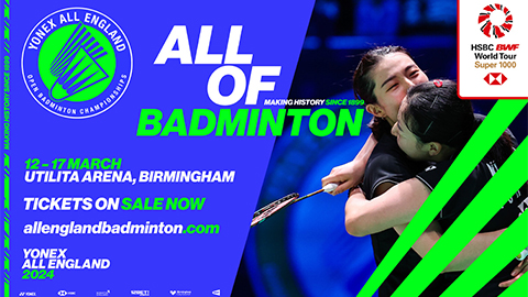 Image with blue background, people playing badminton and text reading: All of Badminton