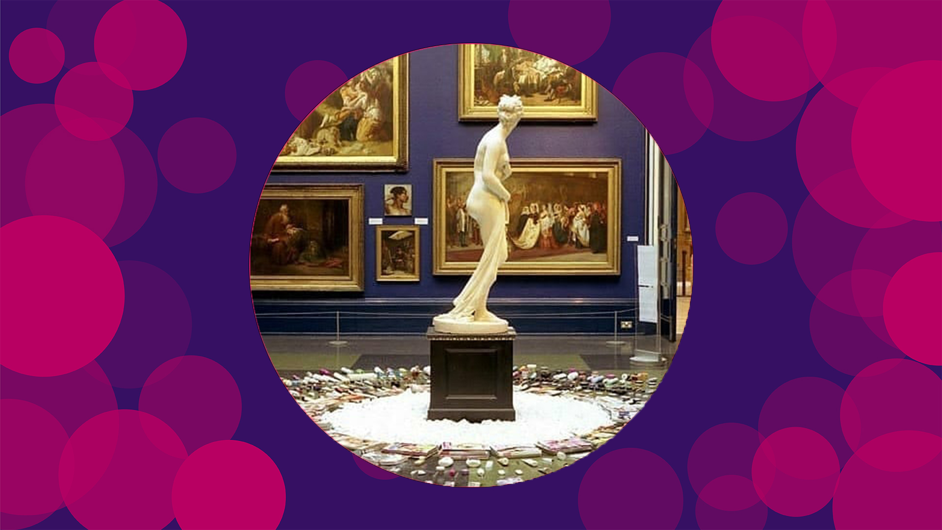 Purple background with pink circle with an image of a statue in the middle