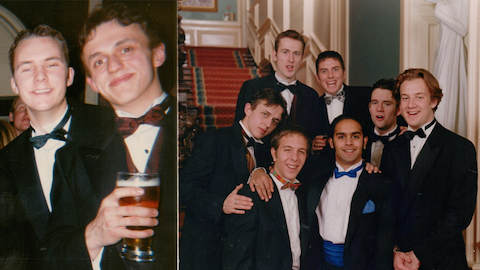 Two photos side by side. On the left there are two people  and in the other image is a group of people in suits.