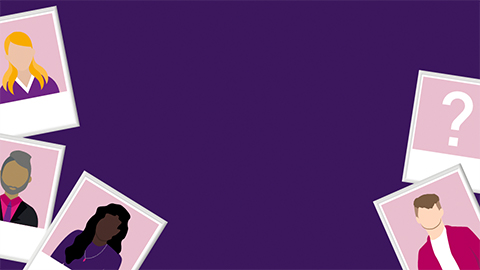 A purple background with several graphic polaroid style images of people