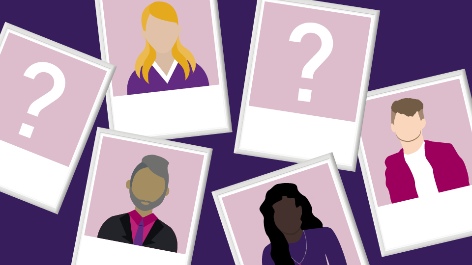 A purple background with several graphic polaroid style images of people