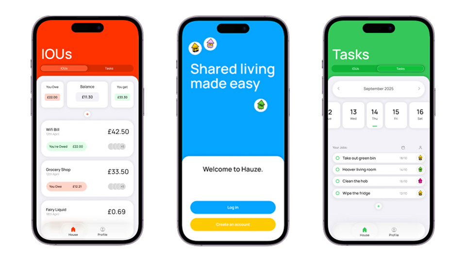 Three phone screen images showing the app