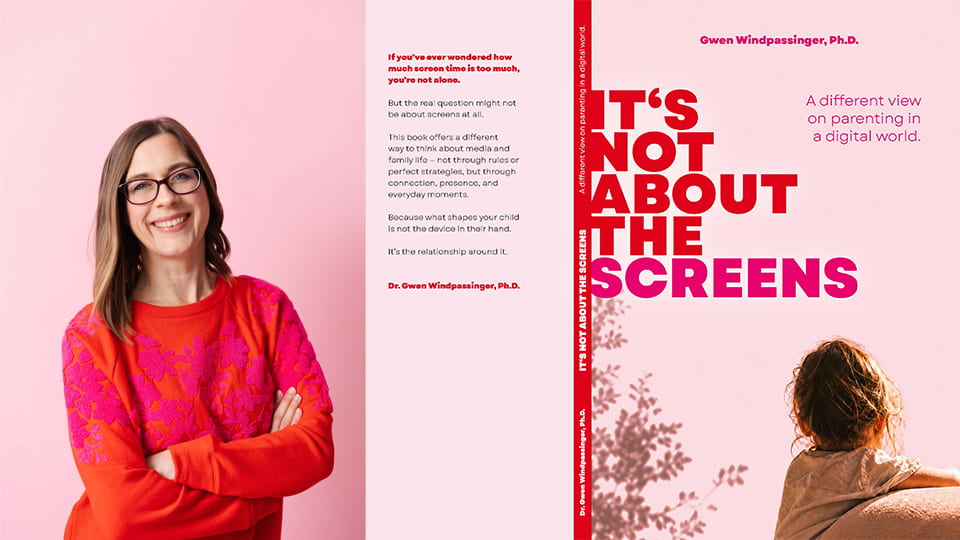 Two images side by side. One is of Dr Gwendolyn Windpassinger wearing a bright pink and red sweater, smiling and folding her arms. The other image is the cover of the book, in pink and red colours, titled It's not about the screens,