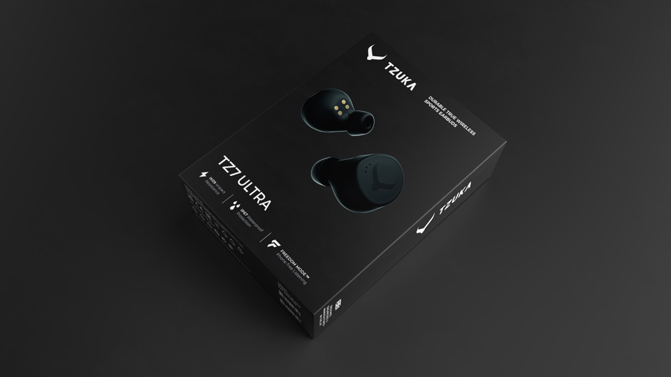 Packaging for the Tzuka earbuds. The box is black with writing on.