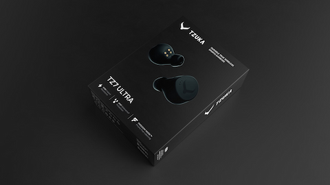 Packaging for the Tzuka earbuds. The box is black with writing on.