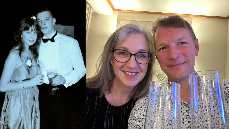 Two images side by side. A black and white photo of a couple in evening wear and the second image is of the same couple years later smiling holding champagne glasses