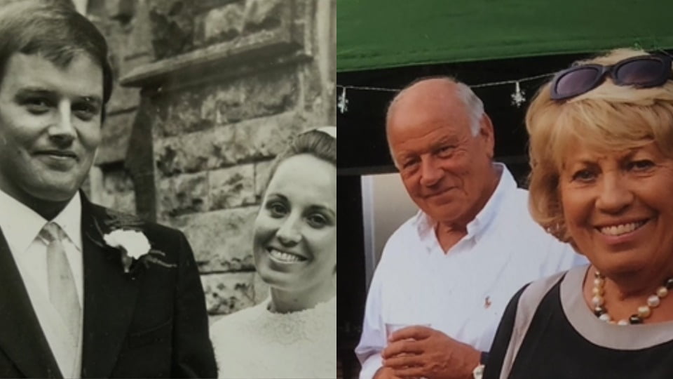 Two images side by side. A black and white photo of a couple in wedding clothes and the second image is of the same couple years later smiling