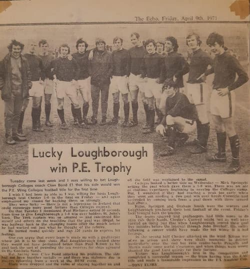 Newspaper cutting from the Loughborough Echo, 1971. Headline reads: Lucky Loughborough in PE Trophy