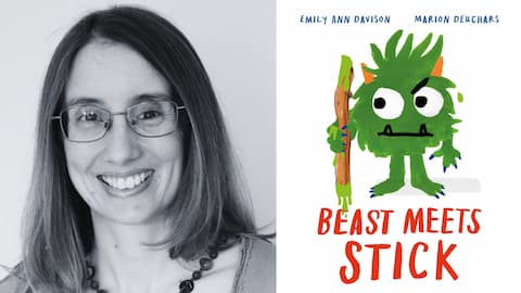 Two images side by side. One is of Emily Ann Davidson, and the other is of the front cover of her book, Beast meets stick. There is a green creature holding a stick.