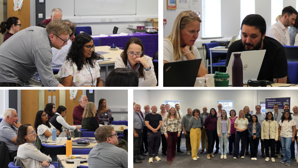 Photo collage of people working together at laptops in a brightly lit seminar room.