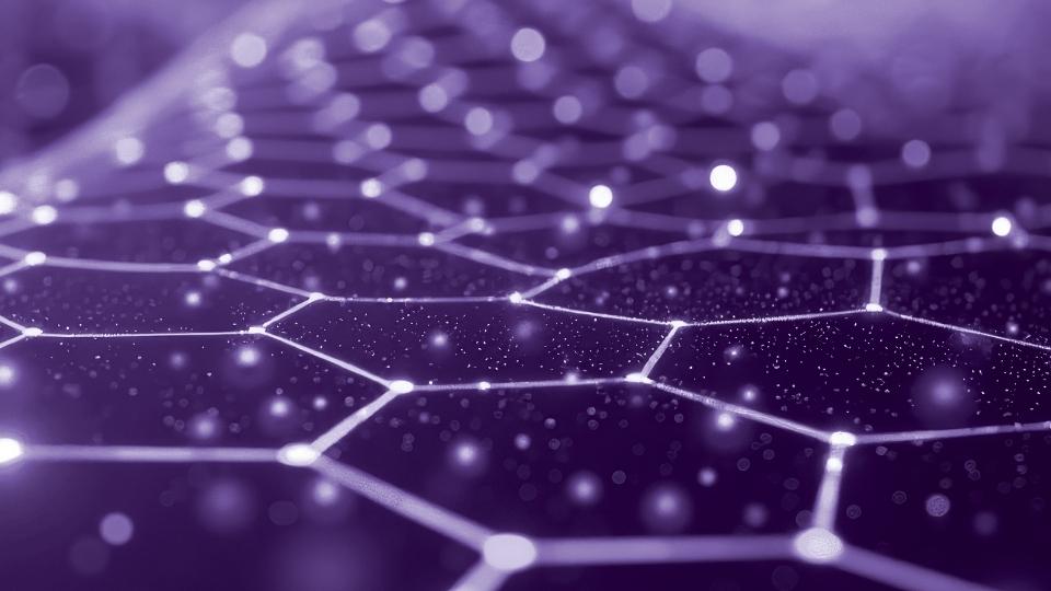 A stock image of white lines connected together against a purple background