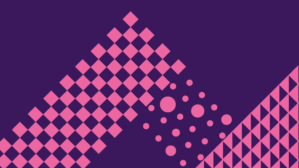 Purple background with a pink pattern of squares, circles and triangles.