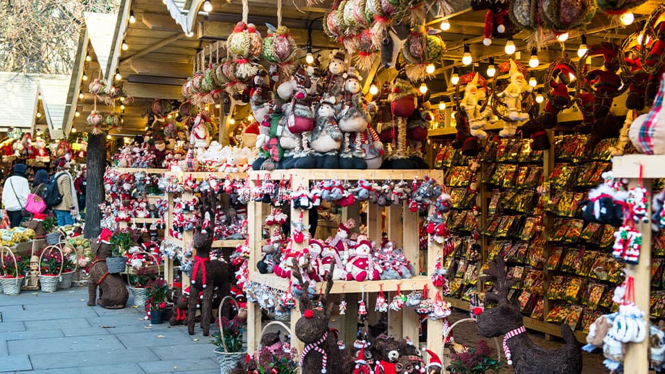 a Christmas Market stall wth festive decorations