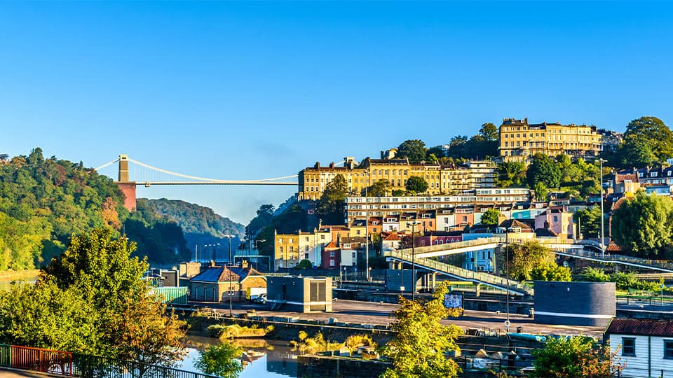 Clifton village in Bristol with Suspension bridge at background