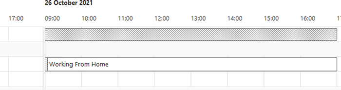 A screenshot of the Microsoft Outlook calendar showing the working from home shading