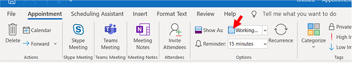 A screenshot of Microsoft Outlook showing the 'Show as...(working from home)' functionality