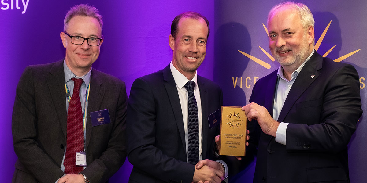 Jamie Clapham receiving his award from Richard Taylor and Vice-Chancellor, Professor Nick Jennings