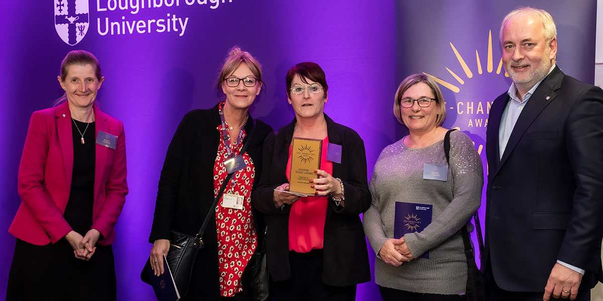 Three hospitality assistants receive their award from Professor Rachel Thomson and the Vice-Chancellor, Professor Nick Jennings