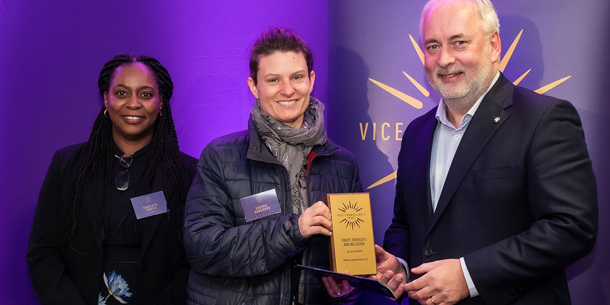 Dr Eugénie Hunsicker receiving her award from Professor Charlotte Croffie and Vice-Chancellor, Professor Nick Jennings