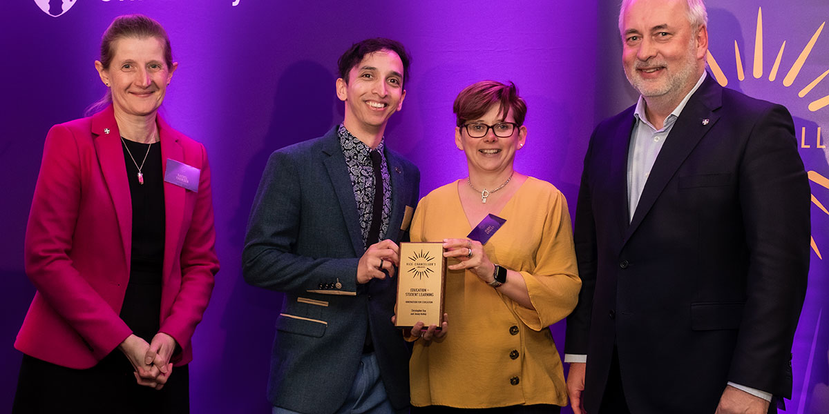 Christopher Kay and Jenny Ardley receiving their award from Professor Rachel Thomson and the Vice-Chancellor, Professor Nick Jennings