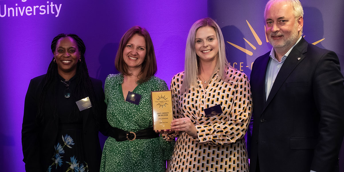 Two members of the London Carers Group receiving their award from Professor Charlotte Croffie and the Vice-Chancellor, Professor Nick Jennings