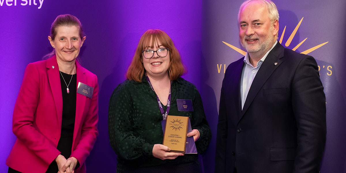 Sophie Hyde receiving her award from Professor Rachel Thomson and the Vice-Chancellor, Professor Nick Jennings