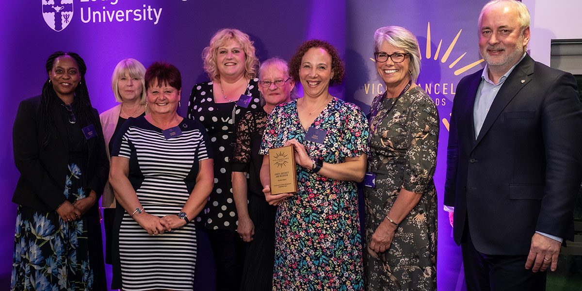 Six members of the Graduation Support Team receiving their award from Professor Charlotte Croffie and Vice-Chancellor, Professor Nick Jennings