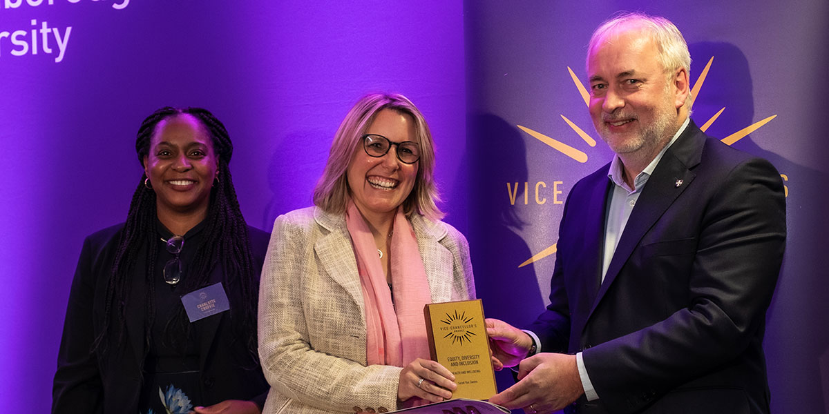 Sarah Van Zoelen receiving their award from Professor Charlotte Croffie and Vice-Chancellor, Professor Nick Jennings