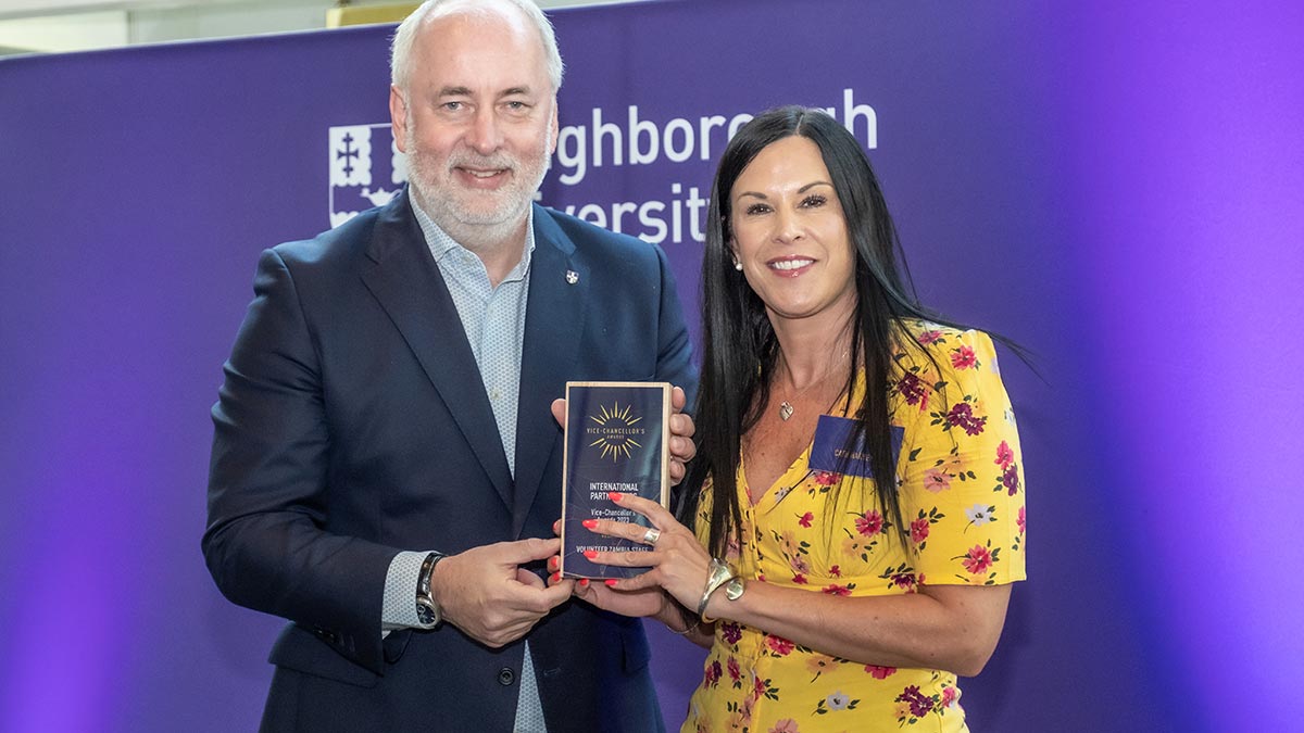 Cath Harvey receiving a VC Award from the Vice Chancellor, Nick Jennings