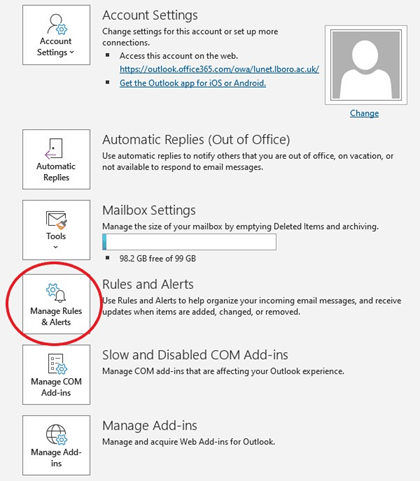 Outlook screengrab showing the 'Manage rules and alerts' button circled for selection.