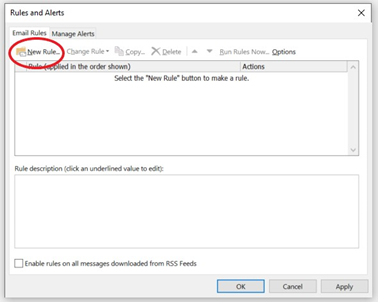 Outlook screengrab - here is the Rules and alerts dialog box, 'Email rules' tab is selected and 'New Rule' circled for selection.