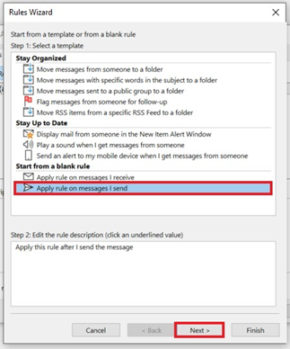 Outlook screengrab - this is the Rules Wizard dialog with 'Apply rule on messages I send' circled for selection.