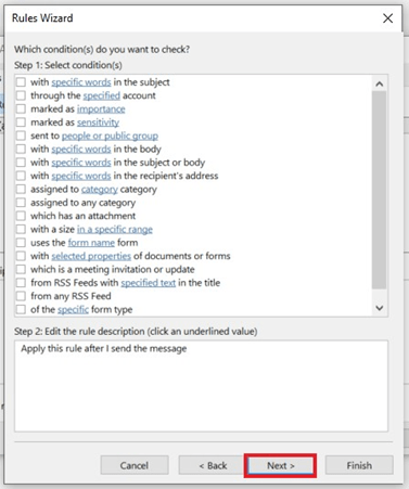 Outlook screengrab - the Rules Wizard dialog, step one, with the 'Next' button circled for selection.