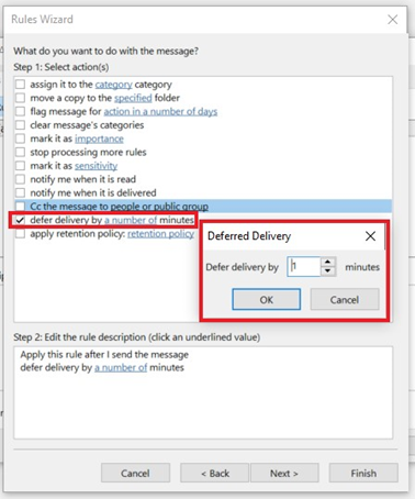 Outlook screengrab - selecting the action 'defer delivery by a number of minutes' from the Rules Wizard dialog, and entering a number in the 'Minutes' box.