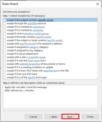 Outlook screengrab - Ticking exceptions in the Rules Wizard and then clicking Next.