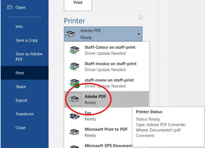 Screengrab image: Select 'Adobe PDF' from Print options.