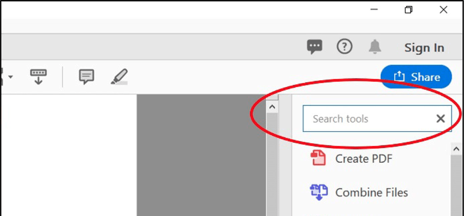 Screengrab: Showing the 'Search tools' search box, into which you need to type 'redact'.