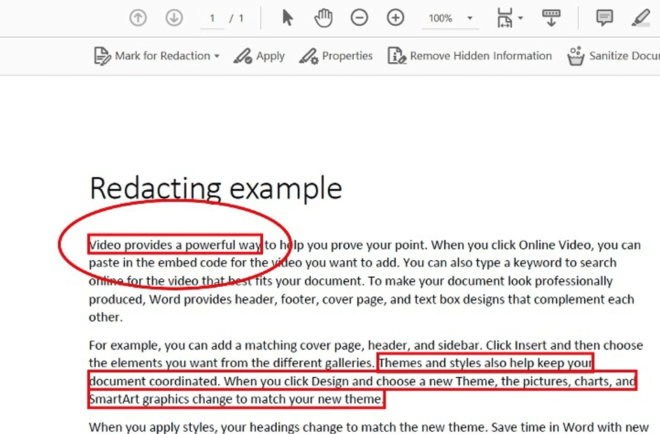 Screengrab: Showing the effect of selecting/highlighting text which you intend to redact - this creates a red-rimmed box around the text, so that you can still read it prior to the next step of actual redaction. 