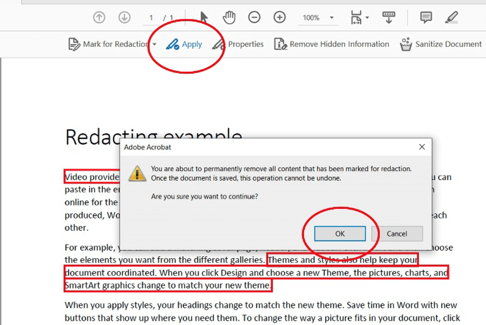 Screengrab: Showing that once you hit the Apply button in the ribbon above the text, a dialog box appears asking you to confirm your wish to permanently remove all content that has been marked for redaction. The OK button is highlighted on the screengrab.