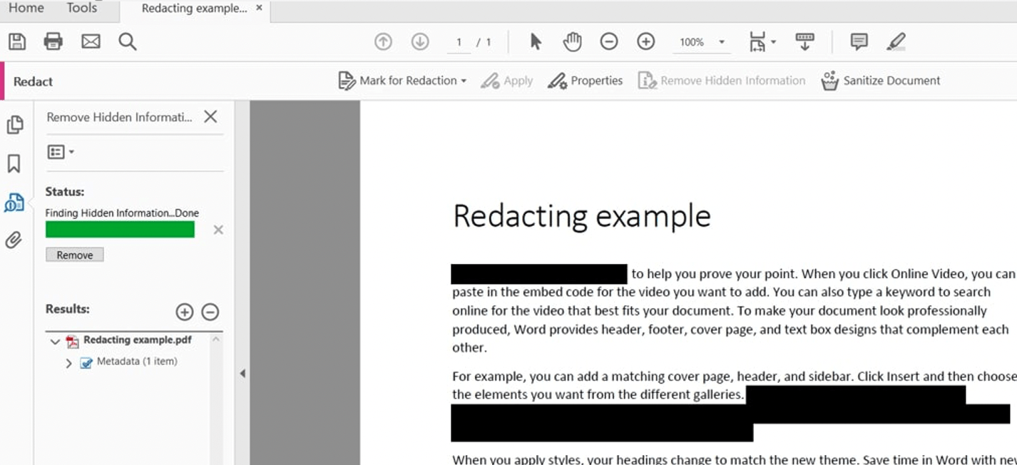 Screengrab: Showing the result of redacting information - black areas cover the redacted text making it impossible to see what was there before.