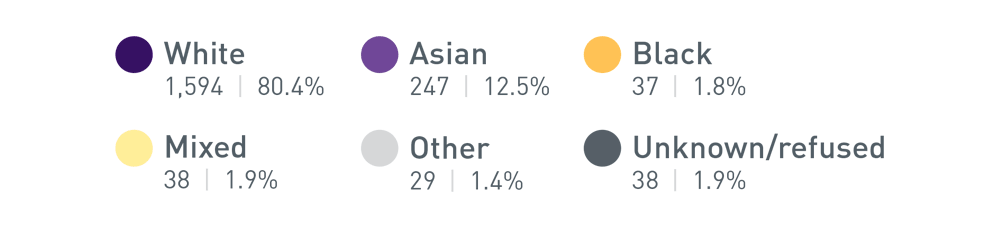 White - 1594 | 80.4%, Asian - 247 | 12.5%, Black - 37 | 1.8%, Mixed - 38 | 1.9%, Other - 29 | 1.4%, Unknown/Refused - 38 | 1.4%