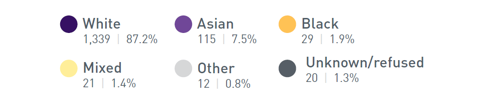 White 1,339, 87.2%, Asian 115, 7.5%, Black 29 1.9%, Mixed 21, 1.4%, Other 12, 0.8%, Unknown/refused 20, 1.3%