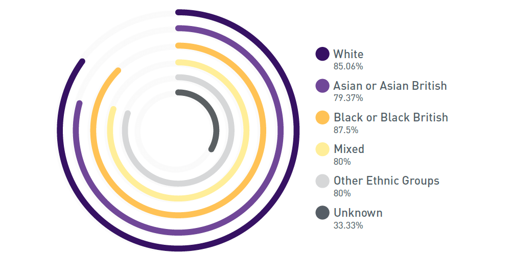 A chart with coloured bars to show the accepted from offered percentages for academic recruitment. White 85.06%, Asian or Asian British 79.37%, Black or Black British 87.5%, Mixed 80%, Other Ethnic Groups 80% and Unknown 33.33%